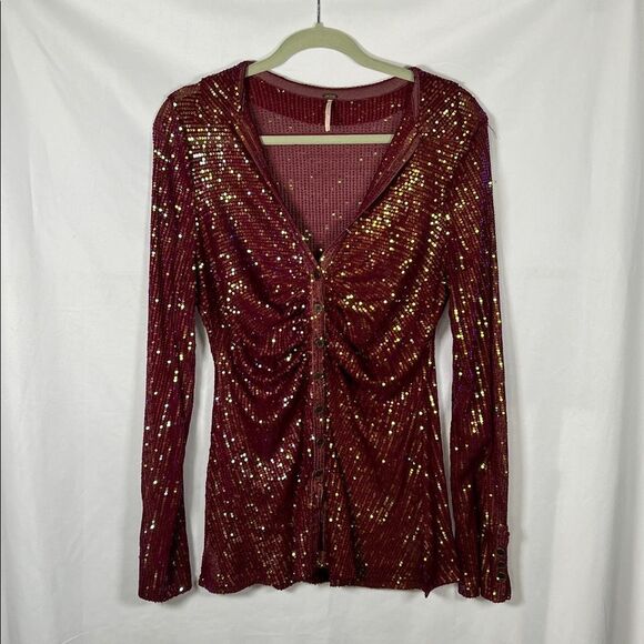 Free People Magenta Sequin Long Sleeve Button Down Shirtee Top Size L - Picture 3 of 8